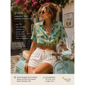 Zara Pineapple Print Cropped Button Up Shirt XS Tropical Resort Vacation Y2K